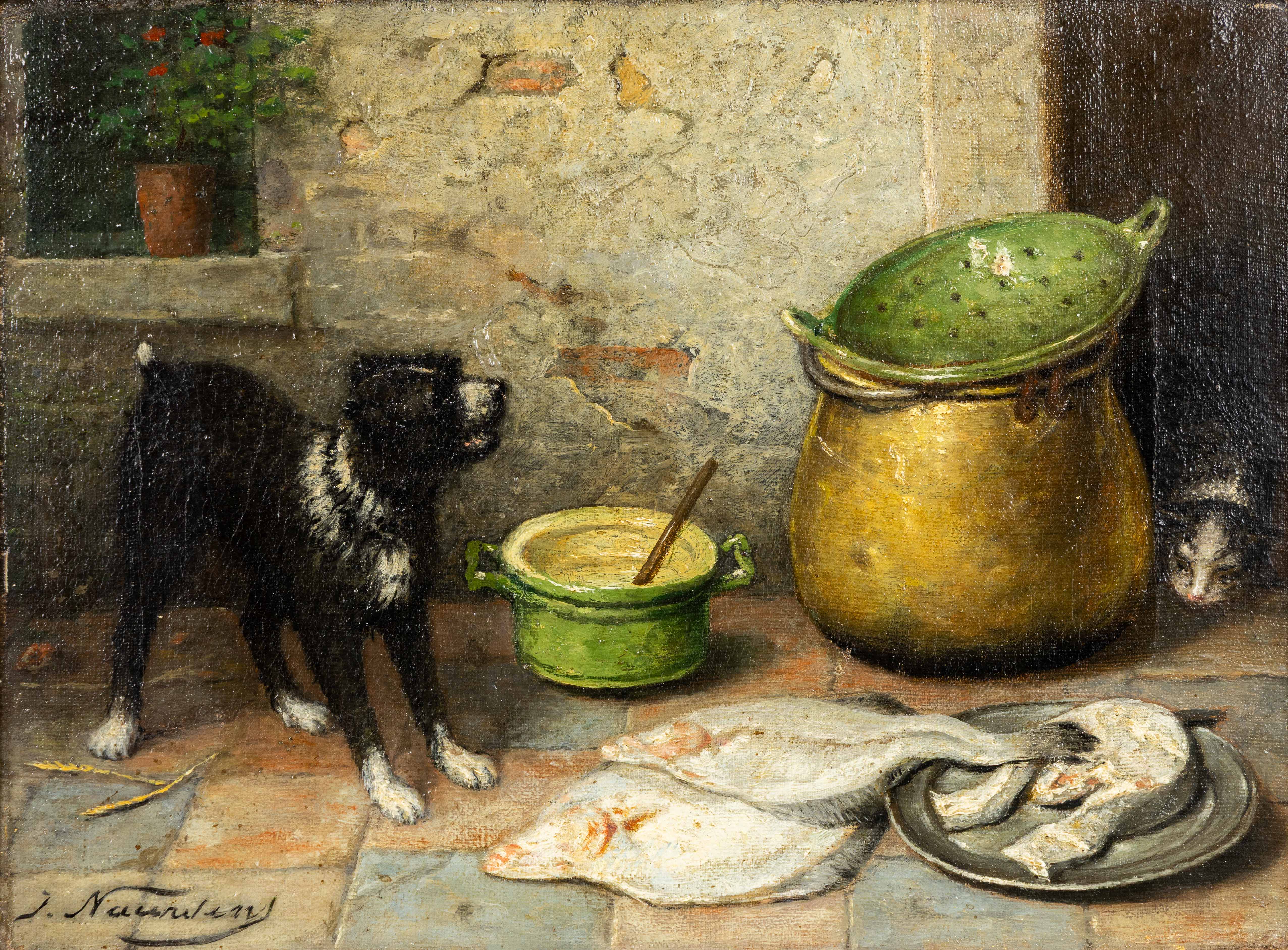 Jos Nauwens (1830-1886) 'Au Voleur', olie op doek. (L:30.5 x H:23 cm)